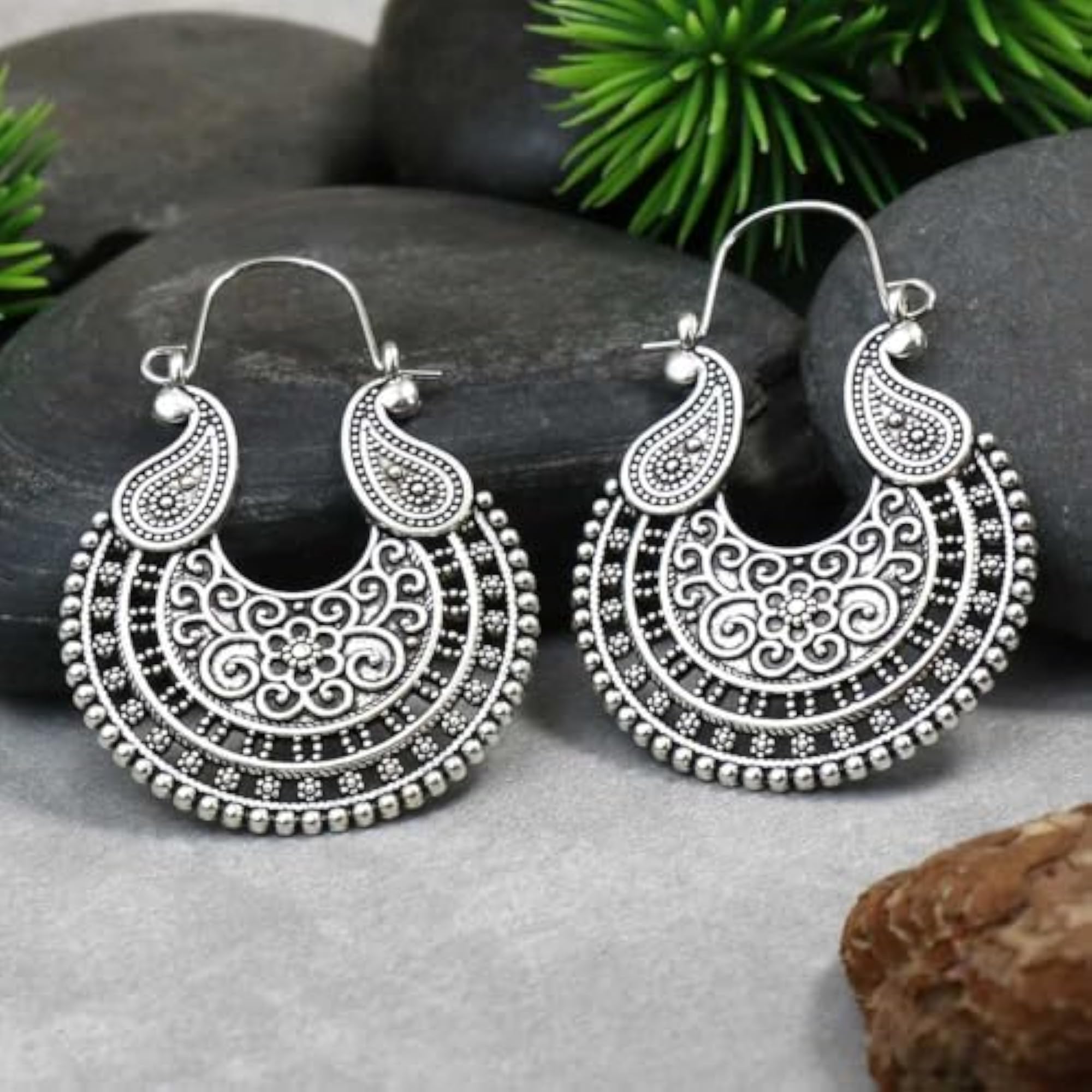 Vintage Carved Pattern Hoop Earrings, Ethnic Oxidized Earrings